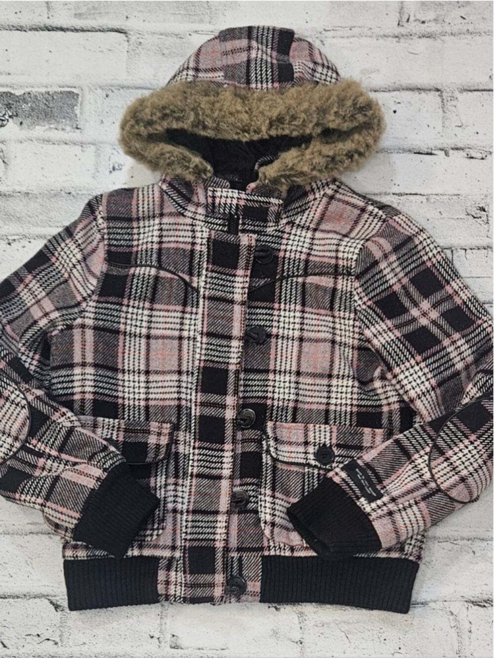 Majora Wool Blend Plaid Hooded Bomber Jacket Faux Fur Trim M